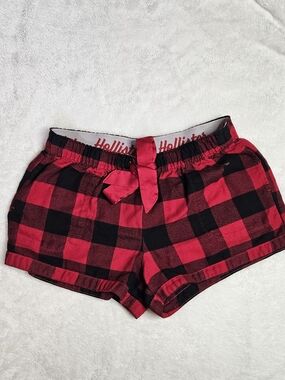 Hollister Red and Black Plaid Sleep Shorts with Tie Waist
